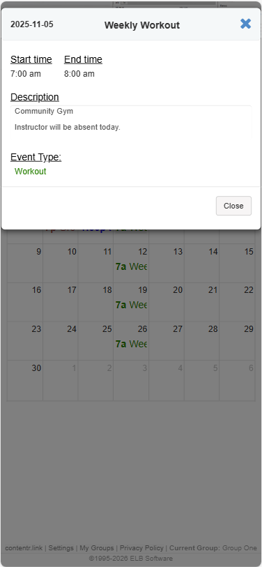 Mobile View showing Event